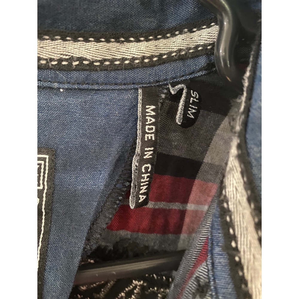 Affliction Button Down Men Large Red Grey Plaid Slim Black Premium Biker Shirt - Picture 4 of 10